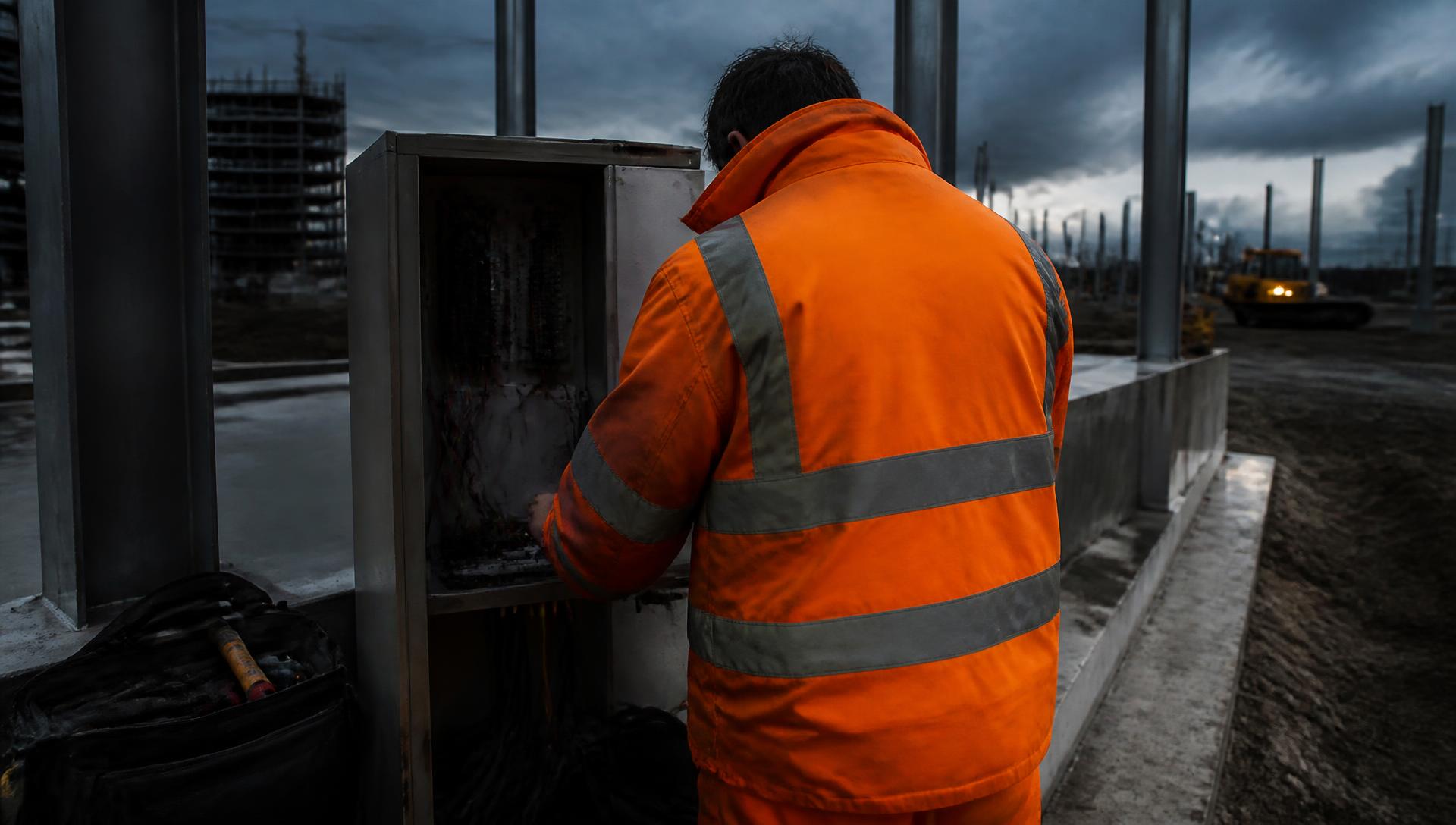 Electrician working on an outdoor electrical cabinet at a construction site